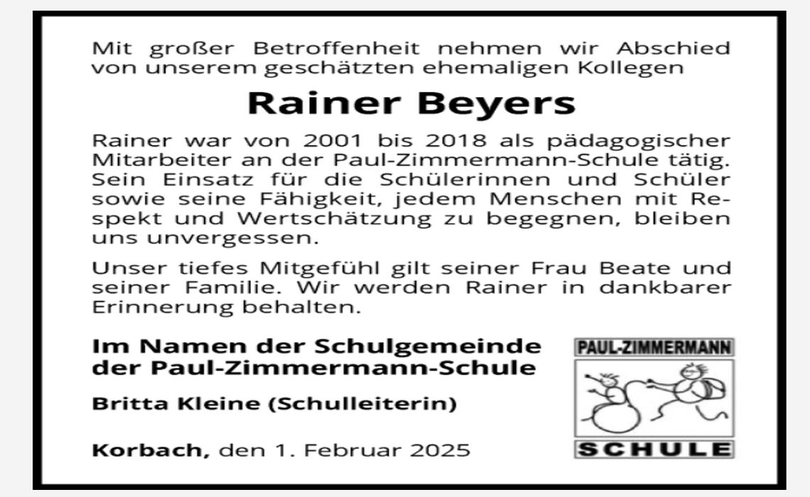 Wir trauern um unseren ehemaligen Kollegen Rainer Beyers